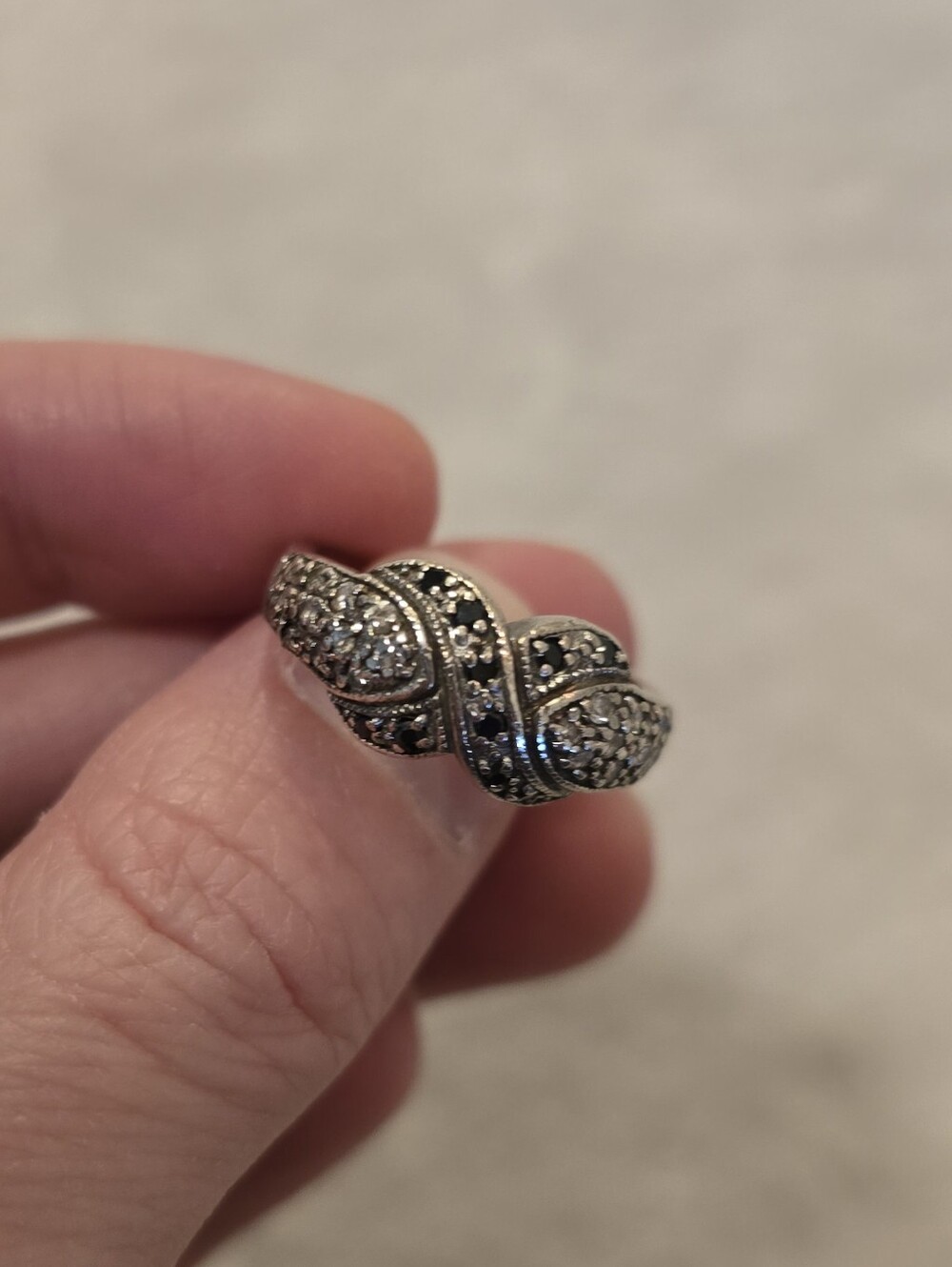 Sterling Silver Ring with Black and White Diamonds Size 7.5-8